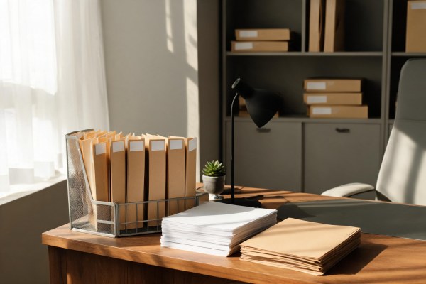 Carpetas de informes clínicos y expedientes administrativos sobre una mesa de trabajo.