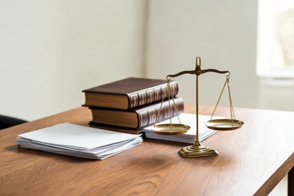 Balanza de la justicia sobre un escritorio jurídico con documentos procesales.
