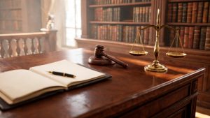 Mesa de despacho jurídico con mazo de madera, balanza de la justicia y expedientes administrativos.