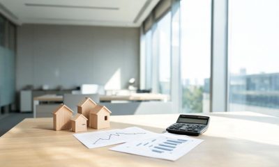 Maqueta de vivienda junto a documentos financieros y calculadora en un entorno de oficina