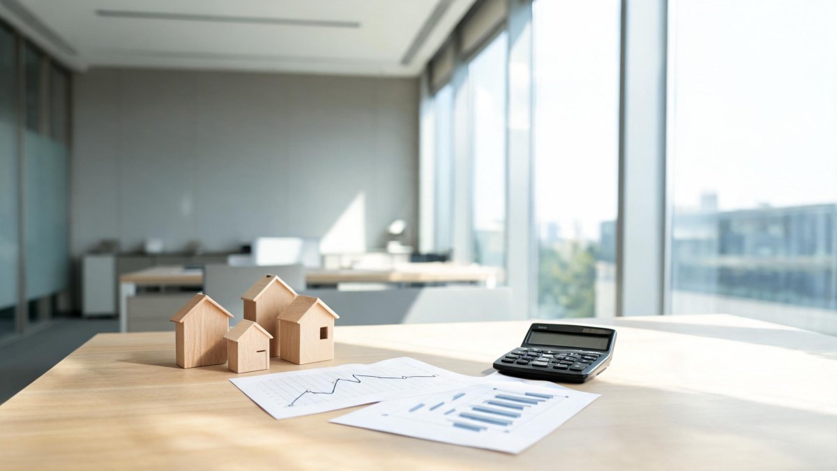 Maqueta de vivienda junto a documentos financieros y calculadora en un entorno de oficina