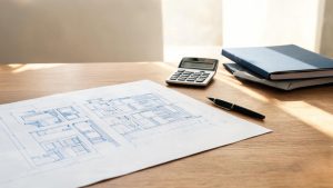 Planos arquitectónicos de edificios residenciales junto a documentos financieros y una calculadora en un escritorio.