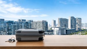 Edificios de apartamentos y hoteles en una ciudad durante el verano