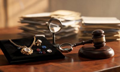 Mesa de tasación de joyas junto a documentos jurídicos y un mazo judicial