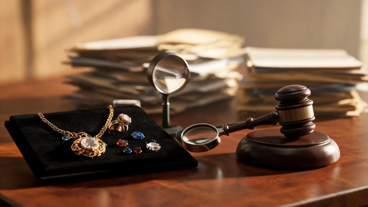 Mesa de tasación de joyas junto a documentos jurídicos y un mazo judicial