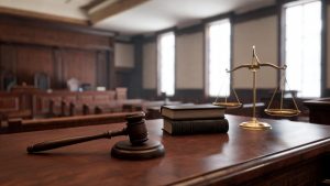 Balanza de la justicia y mazo sobre una mesa de madera en un entorno judicial.