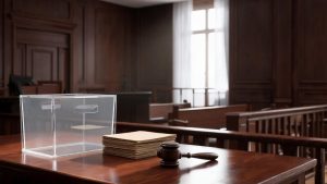 Urna electoral y documentos jurídicos sobre una mesa de despacho judicial.