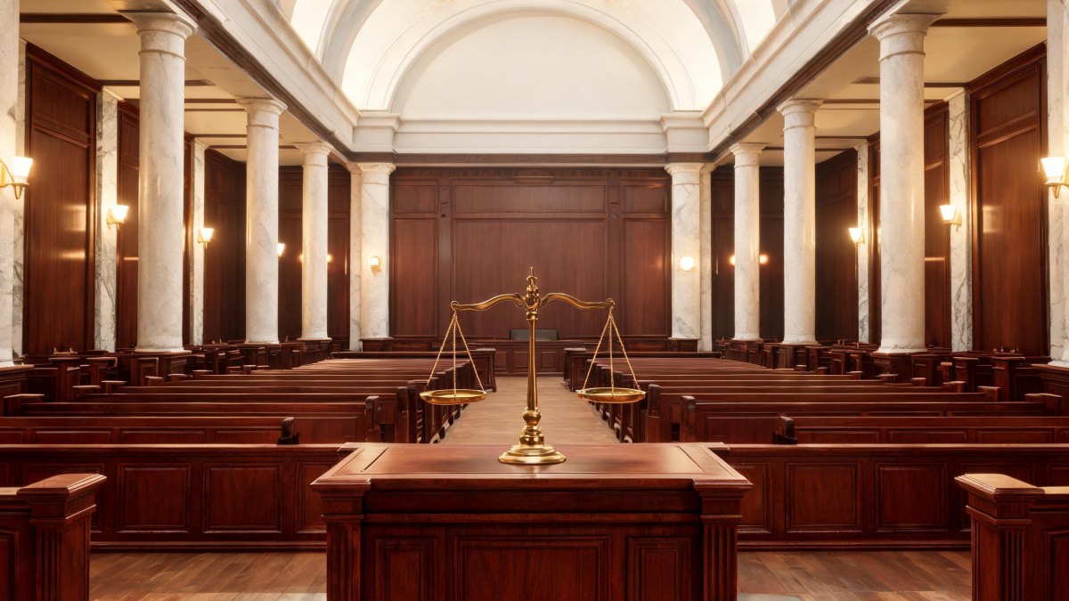 Interior solemne de una sala de tribunal con estrado de madera y columnas.