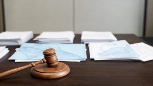 Mazo judicial sobre documentos de planificación territorial y fondo costero difuminado.