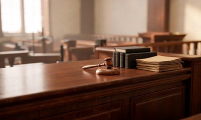 Mesa de tribunal de justicia con expedientes jurídicos y mazo de juez.