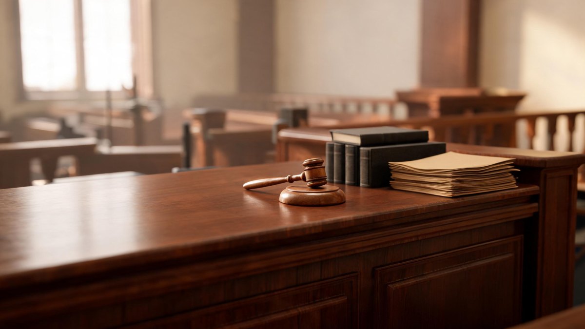 Mesa de tribunal de justicia con expedientes jurídicos y mazo de juez.