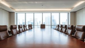Sala de reuniones ejecutiva con mesa de juntas iluminada por luz natural.