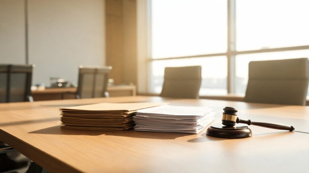Documentos corporativos y mazo judicial sobre una mesa de reuniones.