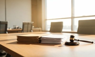 Documentos corporativos y mazo judicial sobre una mesa de reuniones.