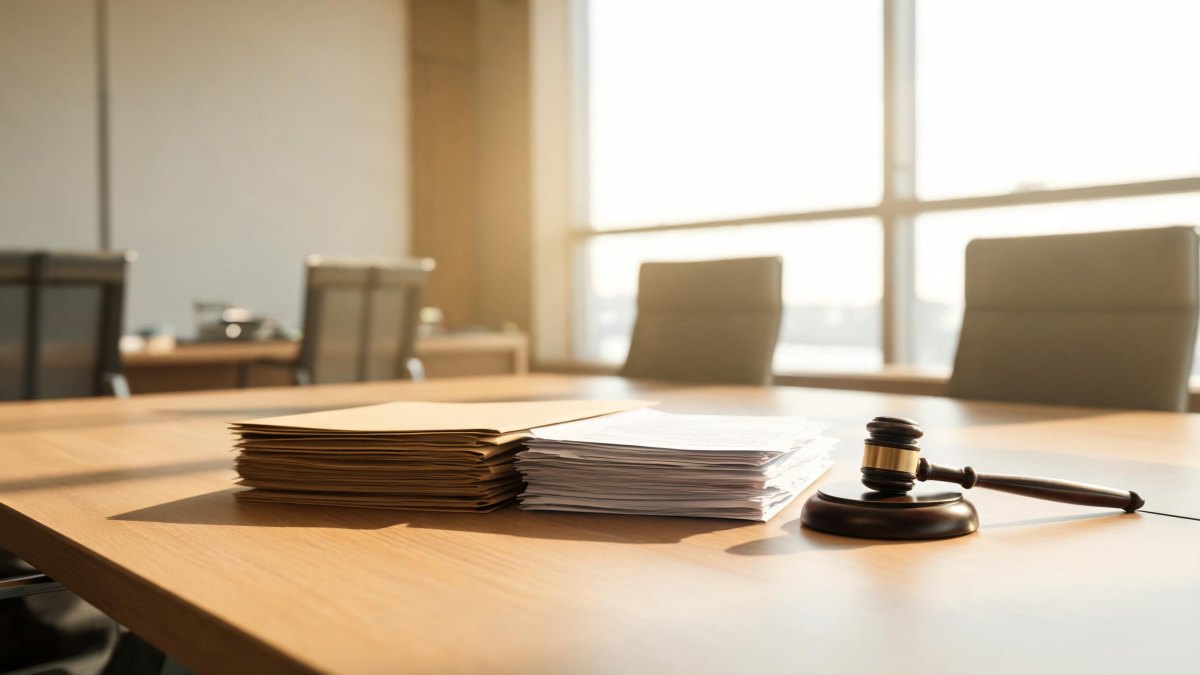 Documentos corporativos y mazo judicial sobre una mesa de reuniones.