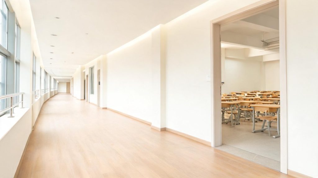 Pasillo de un centro educativo iluminado con luz natural.