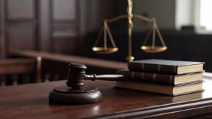 Mazo judicial de madera y libros de leyes sobre una mesa de estrados.