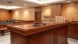 Mesa de tribunal con mazo de juez y carpetas jurídicas en una sala de vistas