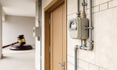 Contador de luz y tuberías de suministros residenciales con ambientación jurídica de fondo.