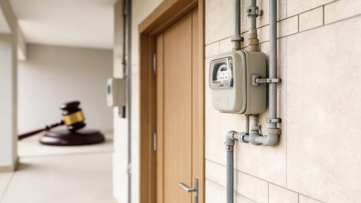 Contador de luz y tuberías de suministros residenciales con ambientación jurídica de fondo.