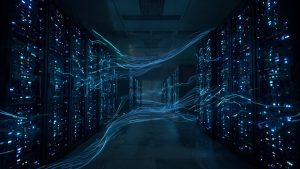 Sala de servidores corporativos con iluminación digital en tonos azules que simboliza la ciberseguridad y el tratamiento de datos.