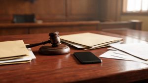 Mazo de juez y teléfono inteligente sobre una mesa con documentos jurídicos.