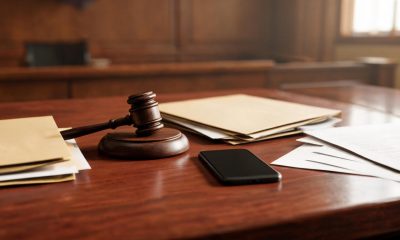 Mazo de juez y teléfono inteligente sobre una mesa con documentos jurídicos.