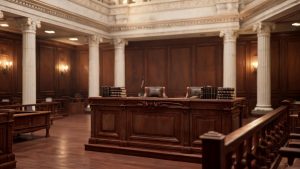 Sala de vistas judicial con estrados de madera y ambiente solemne