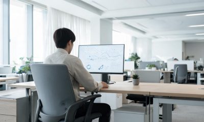 Trabajador en un entorno de oficina analizando datos en la pantalla de un ordenador.