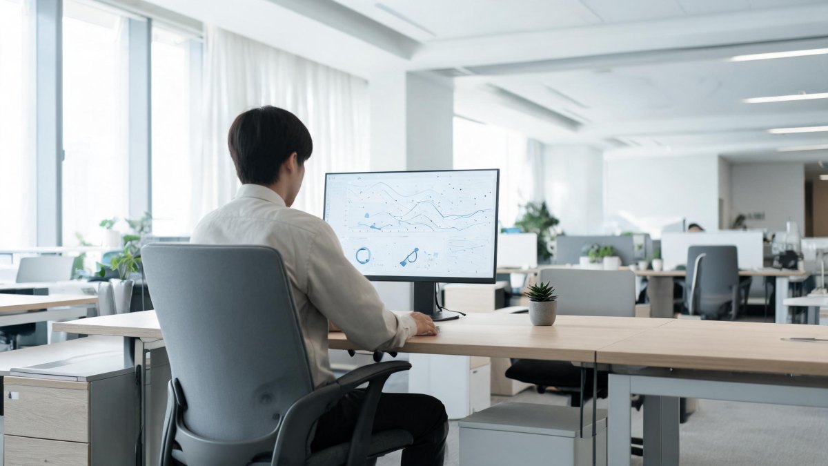 Trabajador en un entorno de oficina analizando datos en la pantalla de un ordenador.
