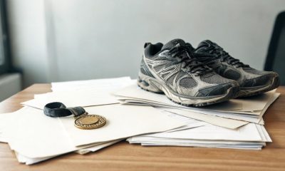 Documentos de la Seguridad Social y elementos deportivos sobre una mesa de trabajo.
