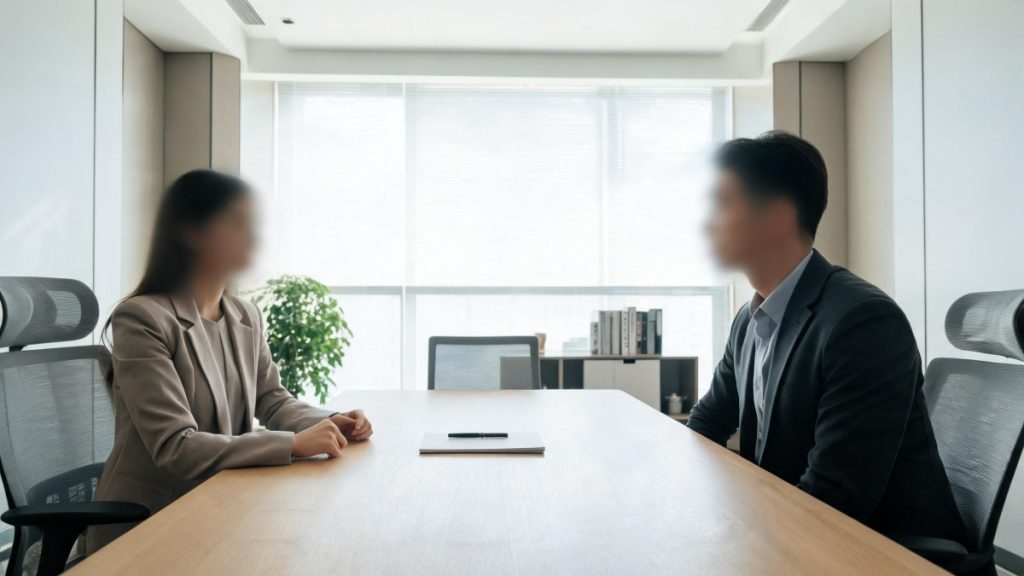 Entrevista de trabajo en una oficina entre un reclutador de talento y un aspirante a un puesto de trabajo.