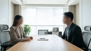 Entrevista de trabajo en una oficina entre un reclutador de talento y un aspirante a un puesto de trabajo.