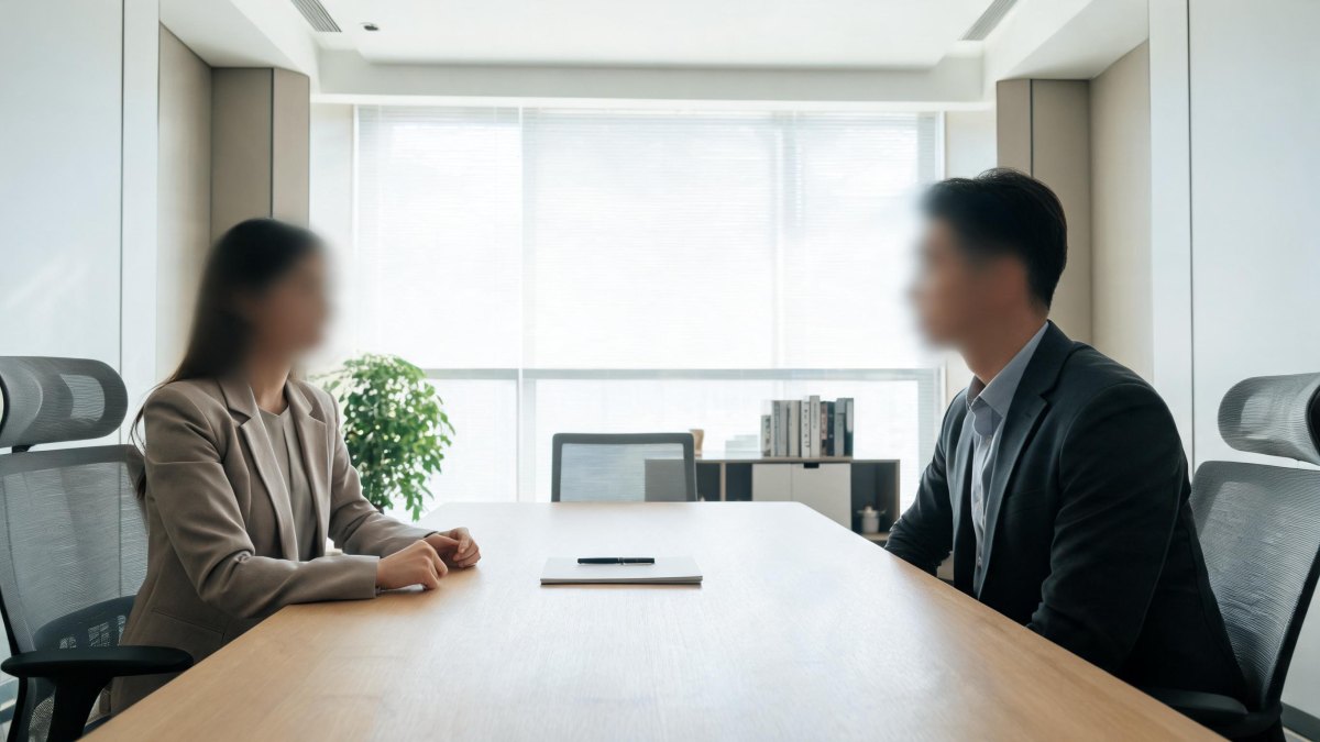 Entrevista de trabajo en una oficina entre un reclutador de talento y un aspirante a un puesto de trabajo.