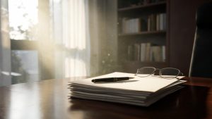 Mesa de trabajo con documentos legales y pluma estilográfica en un entorno profesional.