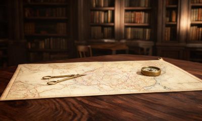 Mapa geográfico con líneas de delimitación territorial e instrumentos de medición sobre una mesa.