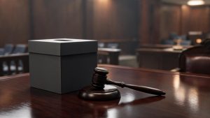 Urna electoral y mazo de juez sobre una mesa de madera en sala judicial.