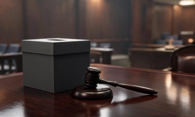 Urna electoral y mazo de juez sobre una mesa de madera en sala judicial.