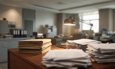 Carpetas y expedientes administrativos sobre una mesa de oficina desenfocada.