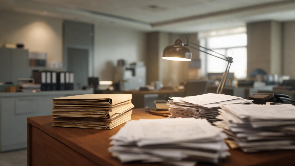 Carpetas y expedientes administrativos sobre una mesa de oficina desenfocada.
