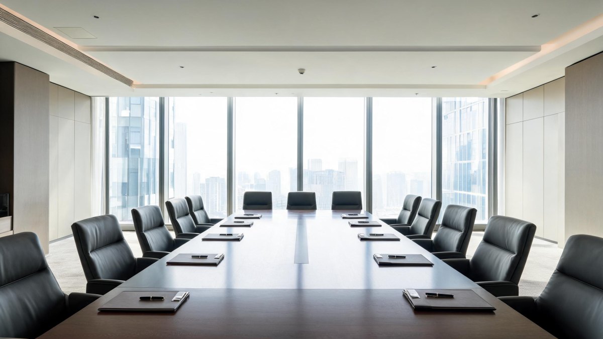 Sala de reuniones en un despacho de abogados corporativo con documentos sobre la mesa.
