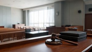 Mazo de juez de madera junto a expedientes jurídicos sobre un estrado en una sala de vistas.