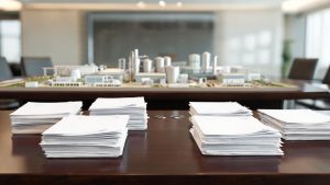Documentos contractuales y balances financieros en una sala de reuniones.