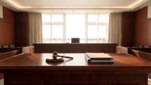 Sala de vistas judicial con estrado de madera y expedientes sobre la mesa