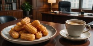 Churros y café en la mesa de un despacho