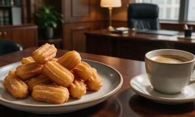 Churros y café en la mesa de un despacho