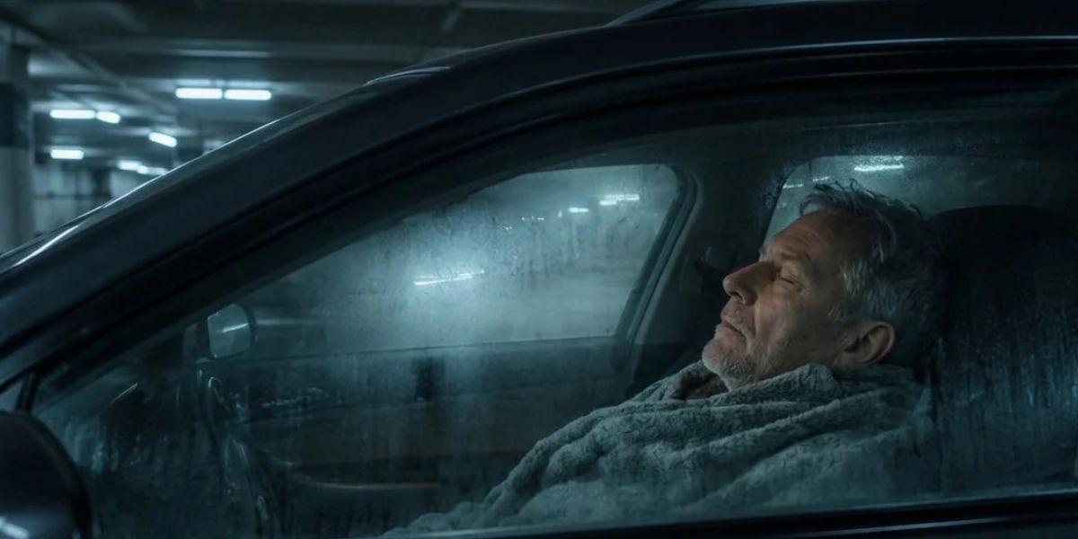 Una persona durmiendo en el garaje dentro de su coche