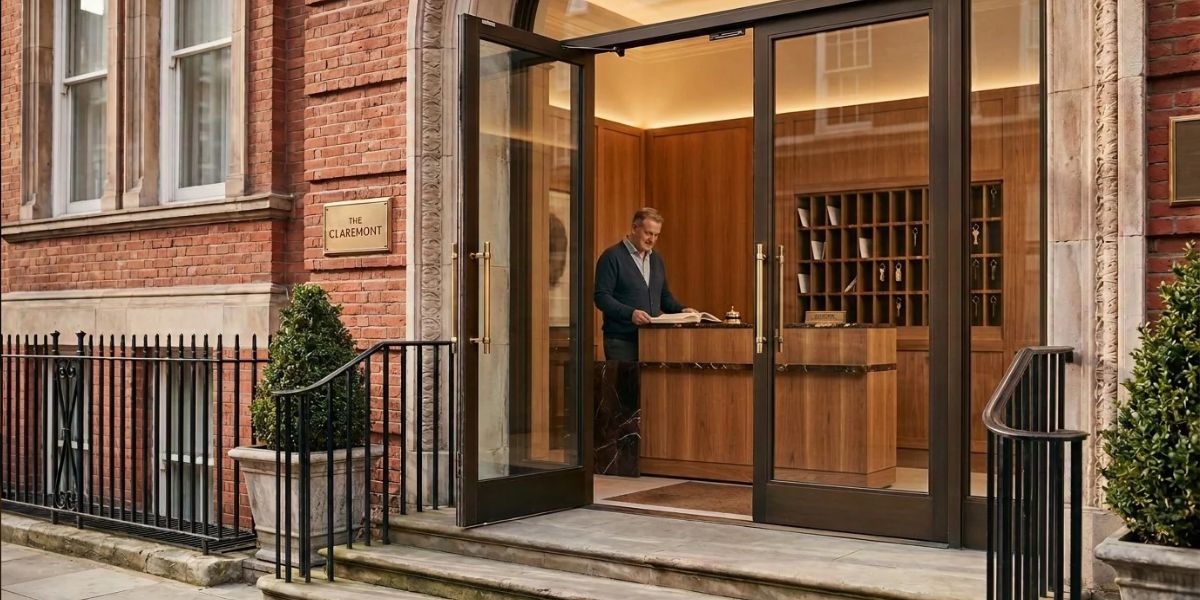 Entrada de un edificio con portería