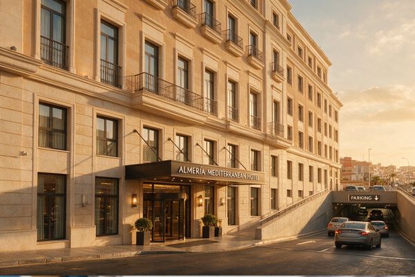 Fachada de hotel y parking exterior