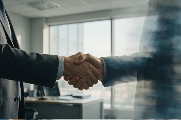 Manos estrechándose y una de las partes está difuminada